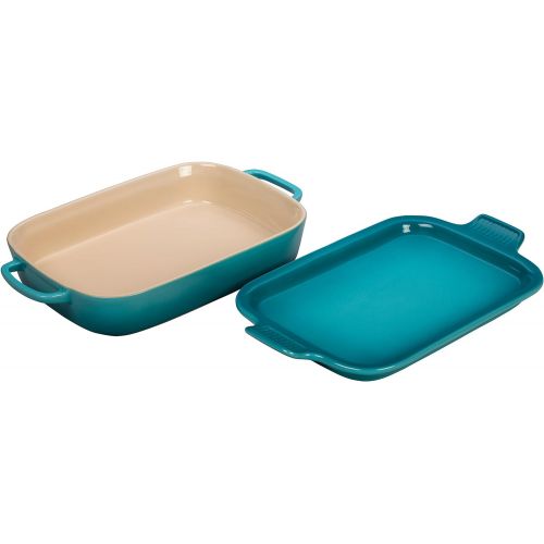 르크루제 Le Creuset Stoneware Rectangular Dish with Platter Lid, 14 3/4x9x2 1/2 (2.75 qt.), Caribbean