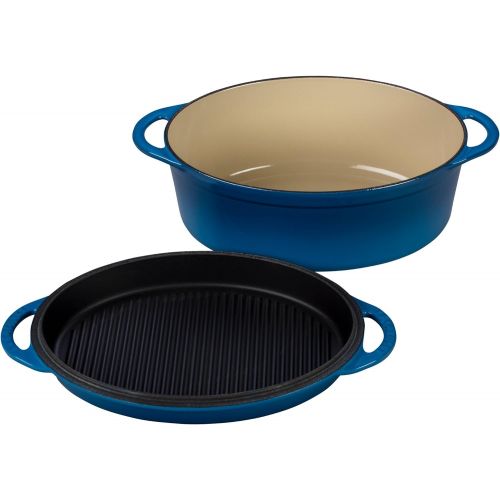 르크루제 Le Creuset Cast Iron Oval Oven with Reversible Grill Pan Lid, 4 3/4 quart, Cerise