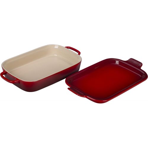 르크루제 Le Creuset Stoneware Rectangular Dish with Platter Lid, 14 3/4x9x2 1/2 (2.75 qt.), Cerise