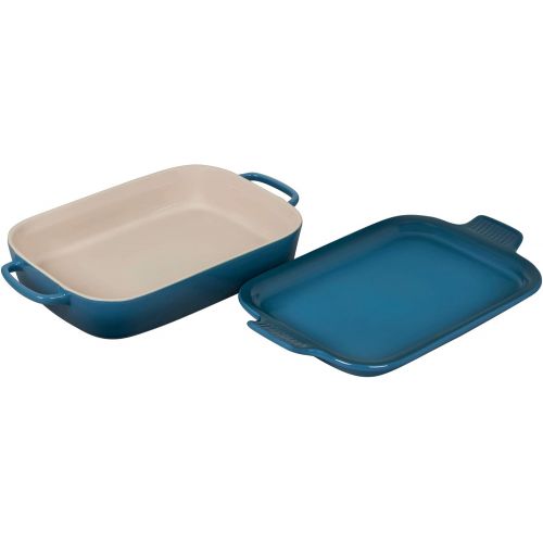 르크루제 Le Creuset Heritage Casserole Stoneware Rectangular Dish with Platter Lid, 14 3/4 inch x 9 inch x 2 1/2 inch, Deep Teal, 2.75 qt