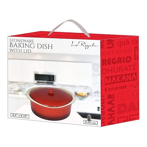  Bakeware, Stoneware, Freezer and Dishwasher Safe Round Red Baking Dish with Lid (HW1257)