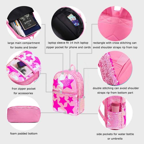  Le Vasty Sequin School Backpack for Girls Kids Cute Elementary Book Bag Bookbag Teen Glitter Sparkly Back Pack