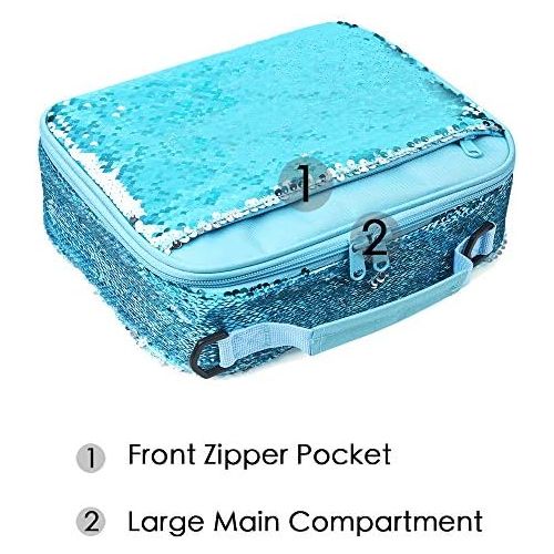  [아마존베스트]Le Vasty Mermaid Lunch Box for Girls Flip Sequin Insulated School Lunch Bag Durable Thermal Reusable Lunch Tote Glitter (Aqua Blue)