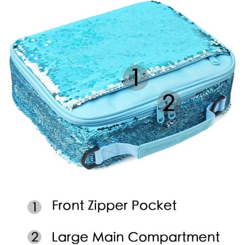  [아마존베스트]Le Vasty Mermaid Lunch Box for Girls Flip Sequin Insulated School Lunch Bag Durable Thermal Reusable Lunch Tote Glitter (Aqua Blue)