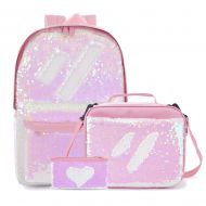 Le Vasty Flip Sequin School Backpack with Sparkly Lunch Box Glitter Pencil Holder for Girls (Set-Pink)