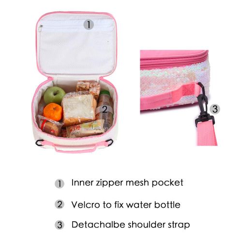  Le Vasty Flip Sequin School Backpack with Sparkly Lunch Box Glitter Pencil Holder for Girls (Set-Pink)