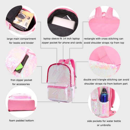  Le Vasty Flip Sequin School Backpack with Sparkly Lunch Box Glitter Pencil Holder for Girls (Set-Pink)