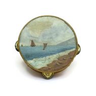 /LeBonheurDuJour Hand Painted French Antique Tambourine. Seascape Painting with Sailing Boats. Antique Musical Instrument Boho Home Decor.