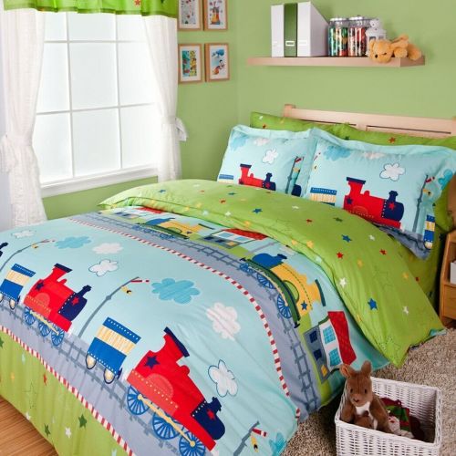  LeLv Fantastic Journey By Train Duvet Cover Set Green Boys Bedding Kids Bedding, Twin Full Size (Twin)