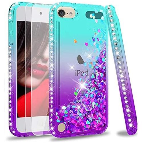  [아마존베스트]iPod Touch 7 Case, iPod Touch 6 Case, iPod Touch 5 Case with Tempered Glass Screen Protector [2 Pack] for Girls, LeYi Glitter Liquid Clear Phone Case for Apple iPod Touch 7th/ 6th/