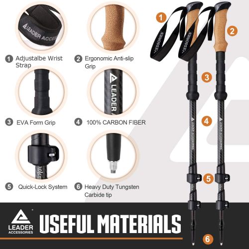  Leader Accessories Adjustable Lightweight Carbon Fiber Hiking/Walking/Trekking Poles with Ergo Cork & Quick Locks (Up to 53) for Exploration, Backpacking, Climbing, Camping