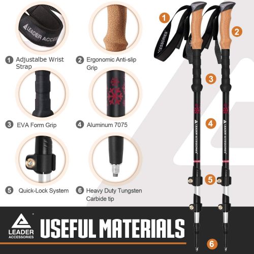  Leader Accessories Adjustable Lightweight Carbon Fiber Hiking/Walking/Trekking Poles with Ergo Cork & Quick Locks (Up to 53) for Exploration, Backpacking, Climbing, Camping