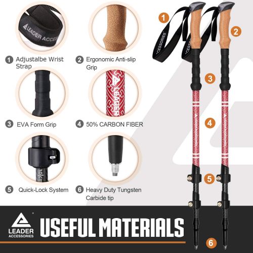  Leader Accessories Adjustable Lightweight Carbon Fiber Hiking/Walking/Trekking Poles with Ergo Cork & Quick Locks (Up to 53) for Exploration, Backpacking, Climbing, Camping