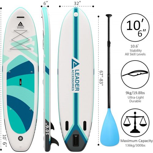  Leader Accessories Inflatable Stand Up Paddle Board 106x33x6 ISup for All Skill Levels with SUP Accessories Including Adjustable Paddle, Backpack, Leash, Hand Pump