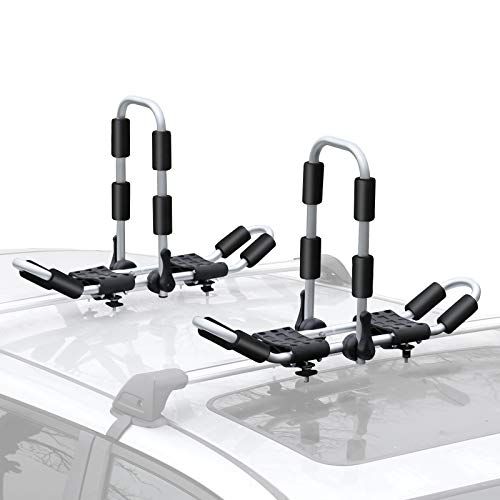  Leader Accessories 2 in 1 Aluminum Folding Kayak Rack J Bar Car Roof Rack for Canoe Surf Board SUP On Roof Top Mount On SUV, Car and Truck Crossbar with 4 pcs Tie Down Straps