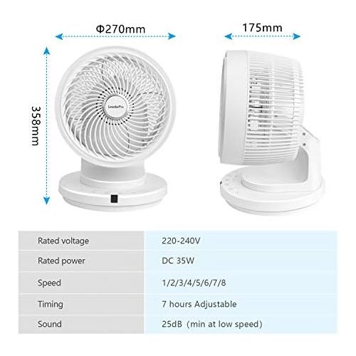  [아마존베스트]LeaderPro DC Motor Fan with Remote Control 7.4 m/s Turbo and 25 dB Fan Quiet Air Flow Table Fan, Touch Screen, Diameter 27 cm, 8 Wind Strengths, 4 Blades, 35 W, White EU Plug