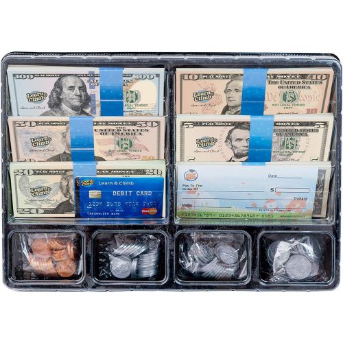  Learn & Climb Play Money Set for Kids  Realistic Dollar Bills, Coins, Credit & Debit Cards & Checkbook. Add-on for Pretend Play Cash Register