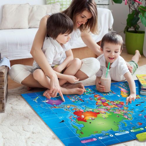  [아마존베스트]Kids Interactive Talking World Map Touch Activated Geography for Kids, Push-to-Talk Map Learn Over 1000 Facts and Quizzes About 92 Countries World Map Puzzle Game, Fun & Educationa