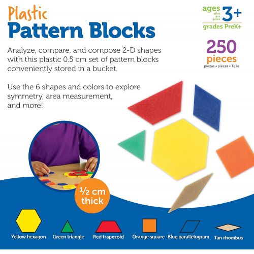  [아마존베스트]Learning Resources Plastic Pattern Blocks, Math Games for Kindergarten, Homeschool, Shape Recognition, Early Math Skills, Easter Gifts for Kids, Set of 250, Ages 4+