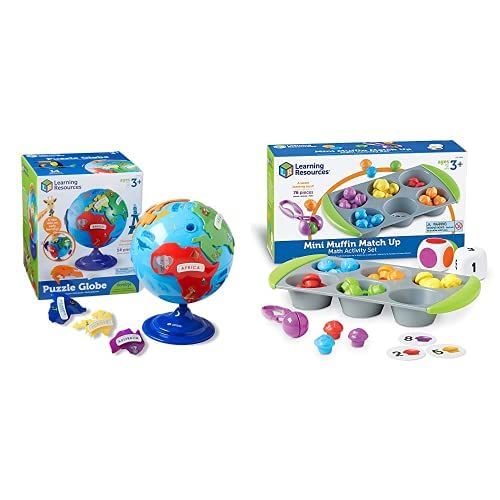  [아마존베스트]Learning Resources Puzzle Globe, 3-D Geography Puzzle, Fine Motor, 14 Pieces, Ages 3+ & Mini Muffin Match Up Counting Toy Set, Homeschool, Fine Motor, 76 Pieces, Ages 3+,Multi-Colo