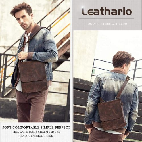  [아마존베스트]Leathario Men’s Leather Shoulder Bag Messenger Bag Crossbody Bag 11 inch Ipad Bag Satchel Bag Brown (brown-604)