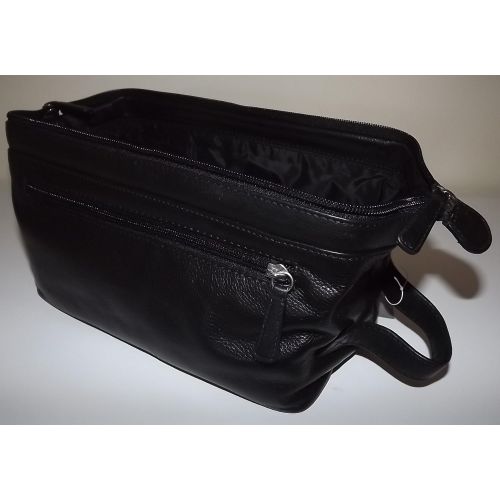  Leather Italia Italia Leather Framed Top Zip Toiletry Travel Shave Kit Black