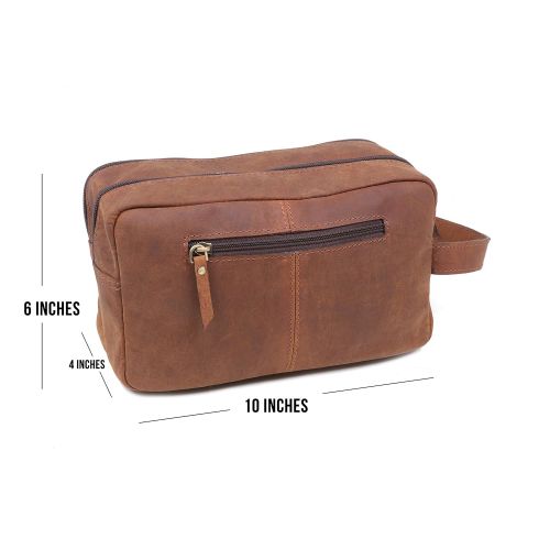  Leather castle Leather Castle Zippered Men’s Travel Shaving Kit Pouch/Toiletry Bag, Hickory Brown