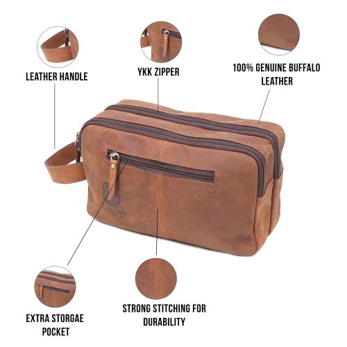  Leather castle Leather Castle Zippered Men’s Travel Shaving Kit Pouch/Toiletry Bag, Hickory Brown