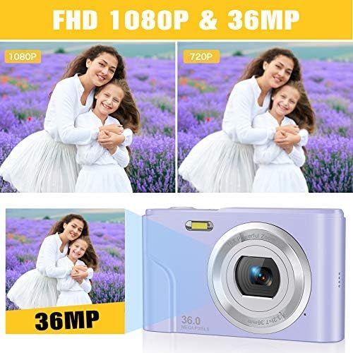  Digital Camera, Lecran FHD 1080P 36.0 Mega Pixels Vlogging Camera with 16X Digital Zoom, LCD Screen, Compact Portable Mini Cameras for Students, Teens, Kids (Purple)