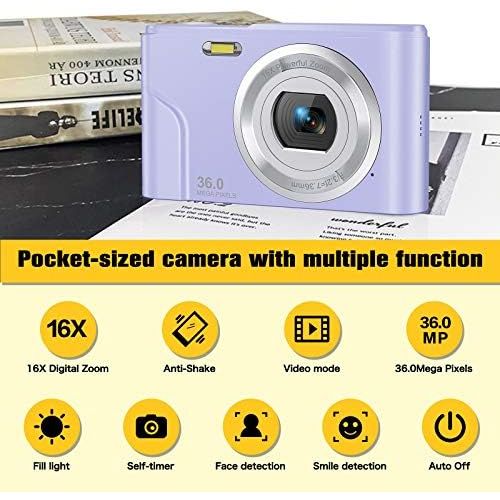  Digital Camera, Lecran FHD 1080P 36.0 Mega Pixels Vlogging Camera with 16X Digital Zoom, LCD Screen, Compact Portable Mini Cameras for Students, Teens, Kids (Purple)