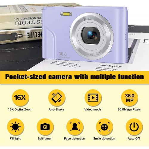  Digital Camera, Lecran FHD 1080P 36.0 Mega Pixels Vlogging Camera with 16X Digital Zoom, LCD Screen, Compact Portable Mini Cameras for Students, Teens, Kids (Purple)