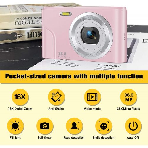  Digital Camera, Lecran FHD 1080P 36.0 Mega Pixels Vlogging Camera with 16X Digital Zoom, LCD Screen, Compact Portable Mini Cameras for Students, Teens, Kids (Pink)