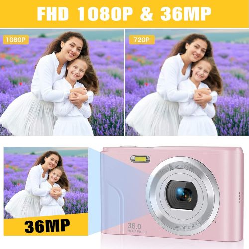  Digital Camera, Lecran FHD 1080P 36.0 Mega Pixels Vlogging Camera with 16X Digital Zoom, LCD Screen, Compact Portable Mini Cameras for Students, Teens, Kids (Pink)