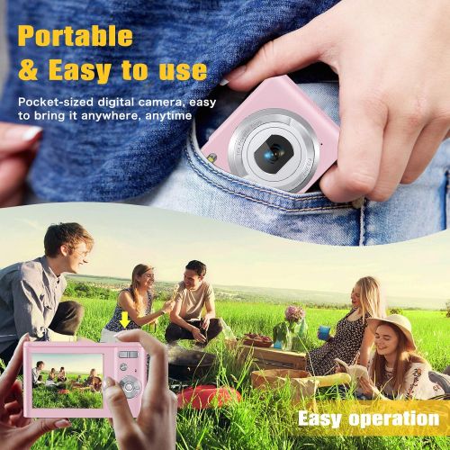  Digital Camera, Lecran FHD 1080P 36.0 Mega Pixels Vlogging Camera with 16X Digital Zoom, LCD Screen, Compact Portable Mini Cameras for Students, Teens, Kids (Pink)