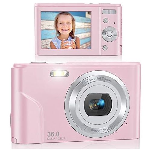  Digital Camera, Lecran Kids Camera FHD 1080P 36.0 Mega Pixels Vlogging Camera with 16X Digital Zoom, LCD Screen, Compact Portable Mini Cameras for Kids, Teens, Students (Pink)