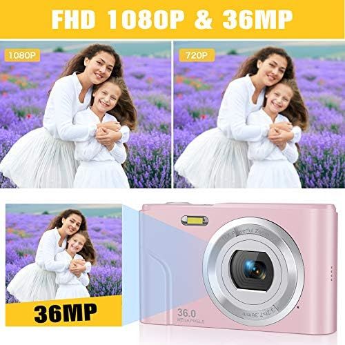  Digital Camera, Lecran Kids Camera FHD 1080P 36.0 Mega Pixels Vlogging Camera with 16X Digital Zoom, LCD Screen, Compact Portable Mini Cameras for Kids, Teens, Students (Pink)