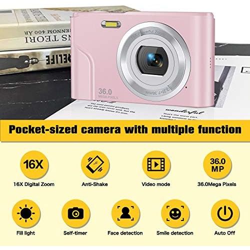  Digital Camera, Lecran Kids Camera FHD 1080P 36.0 Mega Pixels Vlogging Camera with 16X Digital Zoom, LCD Screen, Compact Portable Mini Cameras for Kids, Teens, Students (Pink)