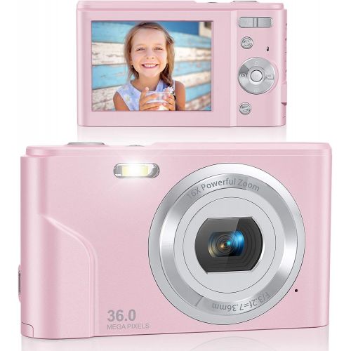  Digital Camera, Lecran Kids Camera FHD 1080P 36.0 Mega Pixels Vlogging Camera with 16X Digital Zoom, LCD Screen, Compact Portable Mini Cameras for Kids, Teens, Students (Pink)