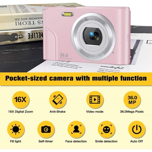  Digital Camera, Lecran Kids Camera FHD 1080P 36.0 Mega Pixels Vlogging Camera with 16X Digital Zoom, LCD Screen, Compact Portable Mini Cameras for Kids, Teens, Students (Pink)