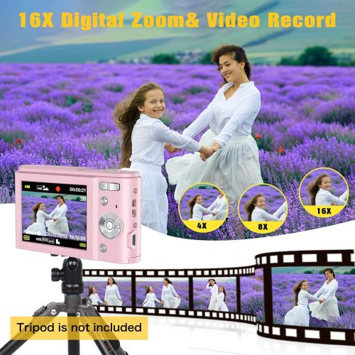  Digital Camera, Lecran Kids Camera FHD 1080P 36.0 Mega Pixels Vlogging Camera with 16X Digital Zoom, LCD Screen, Compact Portable Mini Cameras for Kids, Teens, Students (Pink)