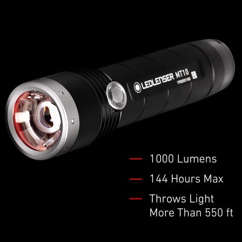  Ledlenser, MT10 Rechargeable Handheld Flashlight, High Power LED, 1000 Lumens, Lanyard and Sheath, Outdoor Series, Backpacking, Hiking, Camping