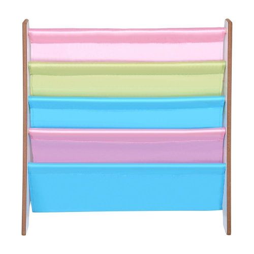  LeeMas Inc 5-Pocket Sling Book Display Rack Bookshelf Colorful Canvas White Wood For Kids Children Drawing Room Kindergarten Nursery School Hospital