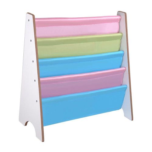  LeeMas Inc 5-Pocket Sling Book Display Rack Bookshelf Colorful Canvas White Wood For Kids Children Drawing Room Kindergarten Nursery School Hospital