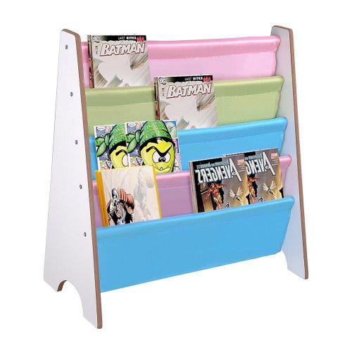  LeeMas Inc 5-Pocket Sling Book Display Rack Bookshelf Colorful Canvas White Wood For Kids Children Drawing Room Kindergarten Nursery School Hospital