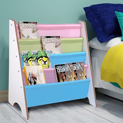  LeeMas Inc 5-Pocket Sling Book Display Rack Bookshelf Colorful Canvas White Wood For Kids Children Drawing Room Kindergarten Nursery School Hospital