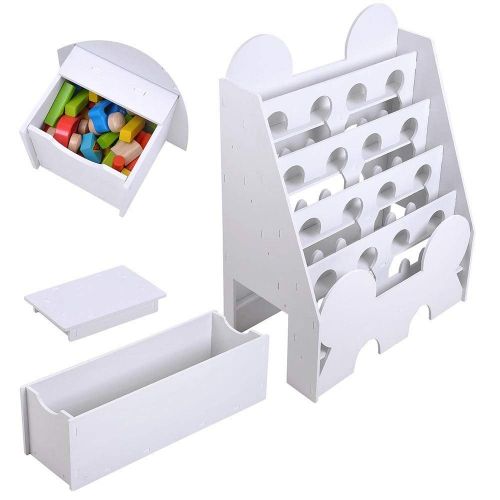  LeeMas Inc Kids Comic Book Shelf 5-Tier Storage Rack Organizer Bookcase Display Holder wSittable Pull-Out Drawer White