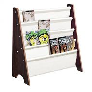 LeeMas Inc Walnut Wood 5-Pocket White Canvas Kids Bookshelf Sling Book Rack Toys Storage Organizer 23-58 x 26-38 For Nursery Area Playroom Bedroom