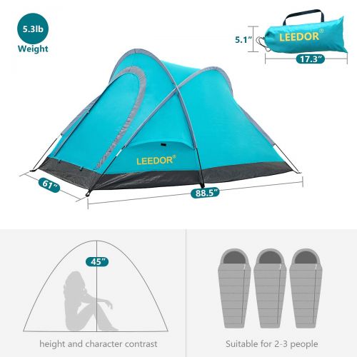  Leedor 2-3 Person Outdoor Family Camping Tent, Waterproof Backpacking Foldable Dome Tent with Carrying Bag, Lightweight & Quick Setup