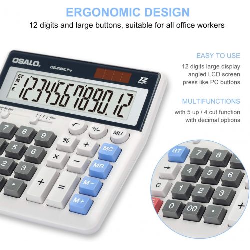  Lefancy Calculator Extra Large Display Solar Big Buttons 12 Digits Desktop Calculator with Round-up, Memory Function (OS-200ML)