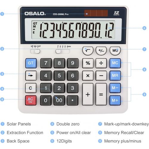  Lefancy Calculator Extra Large Display Solar Big Buttons 12 Digits Desktop Calculator with Round-up, Memory Function (OS-200ML)